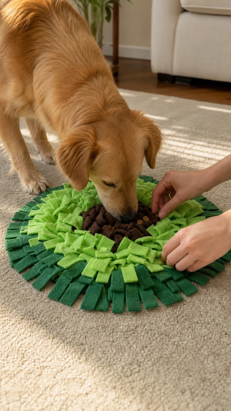 Perro usando la alfombrilla olfativa del kit